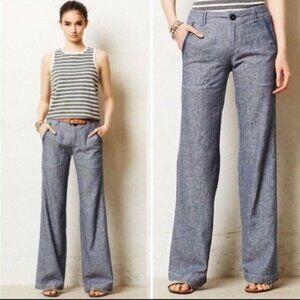 ANTHROPOLOGIE Pilcro Wide Leg Linen Blend Pants blue white coastal size 4